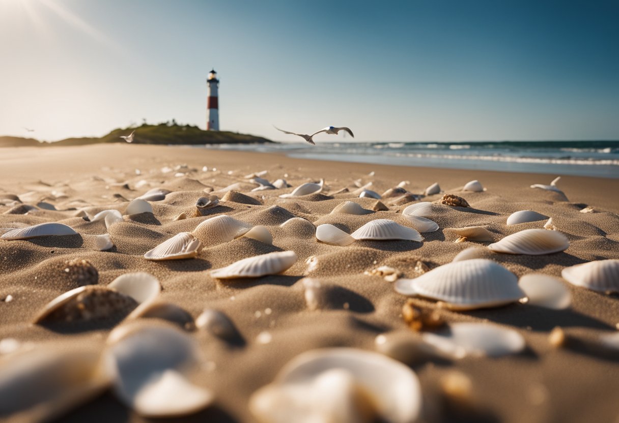 Sandy beach with shells scattered along the shoreline, waves gently breaking, seagulls flying overhead, and a lighthouse in the distance