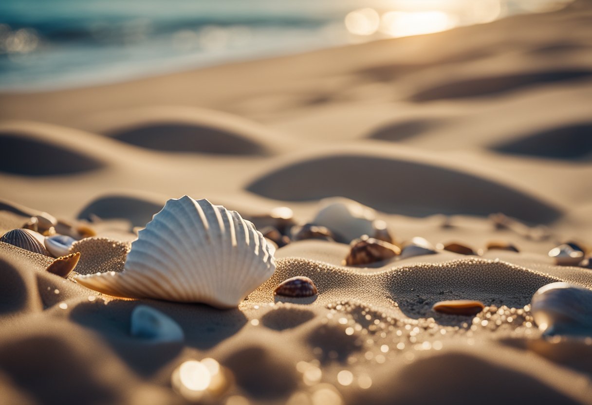 A sandy beach with seashells scattered along the shoreline, bordered by dunes and ocean waves in the background