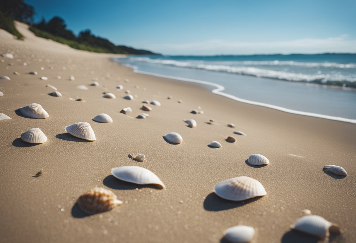 A wide stretch of sandy beach with scattered seashells and gentle waves lapping the shore under a clear blue sky