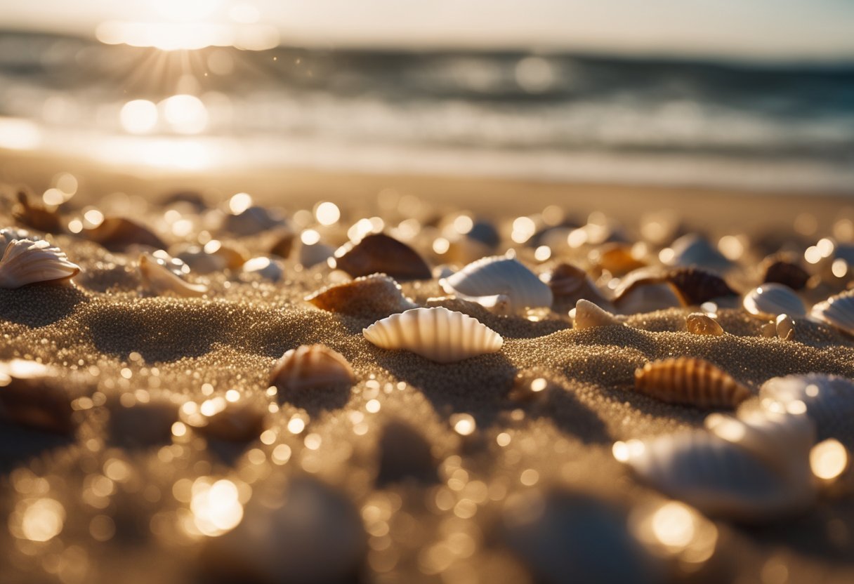 Golden sand stretches along the shoreline, scattered with colorful seashells and sparkling in the sunlight