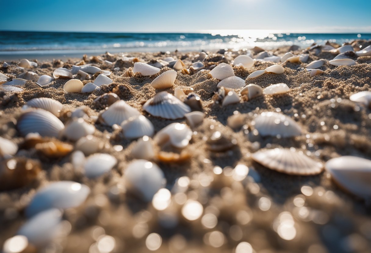 Sandy shoreline with scattered seashells, gentle waves, and a clear blue sky