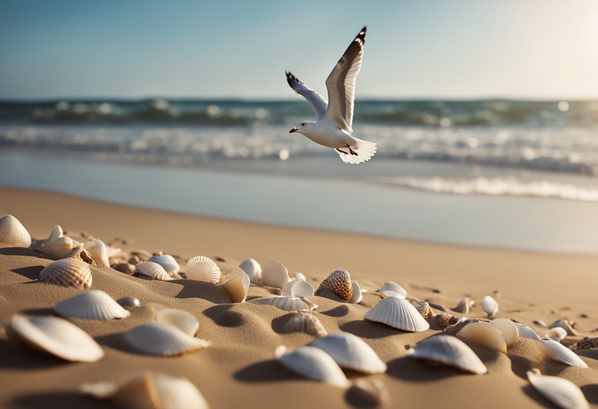 Sandy beach with scattered seashells, waves gently washing ashore. Seagulls flying overhead, dunes in the background