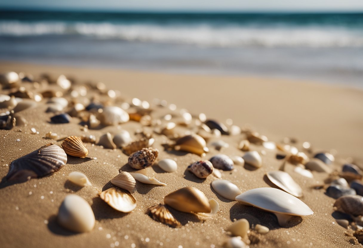 Golden sand stretches along the coastline, scattered with colorful shells and driftwood. Waves crash against the shore, while seagulls circle overhead