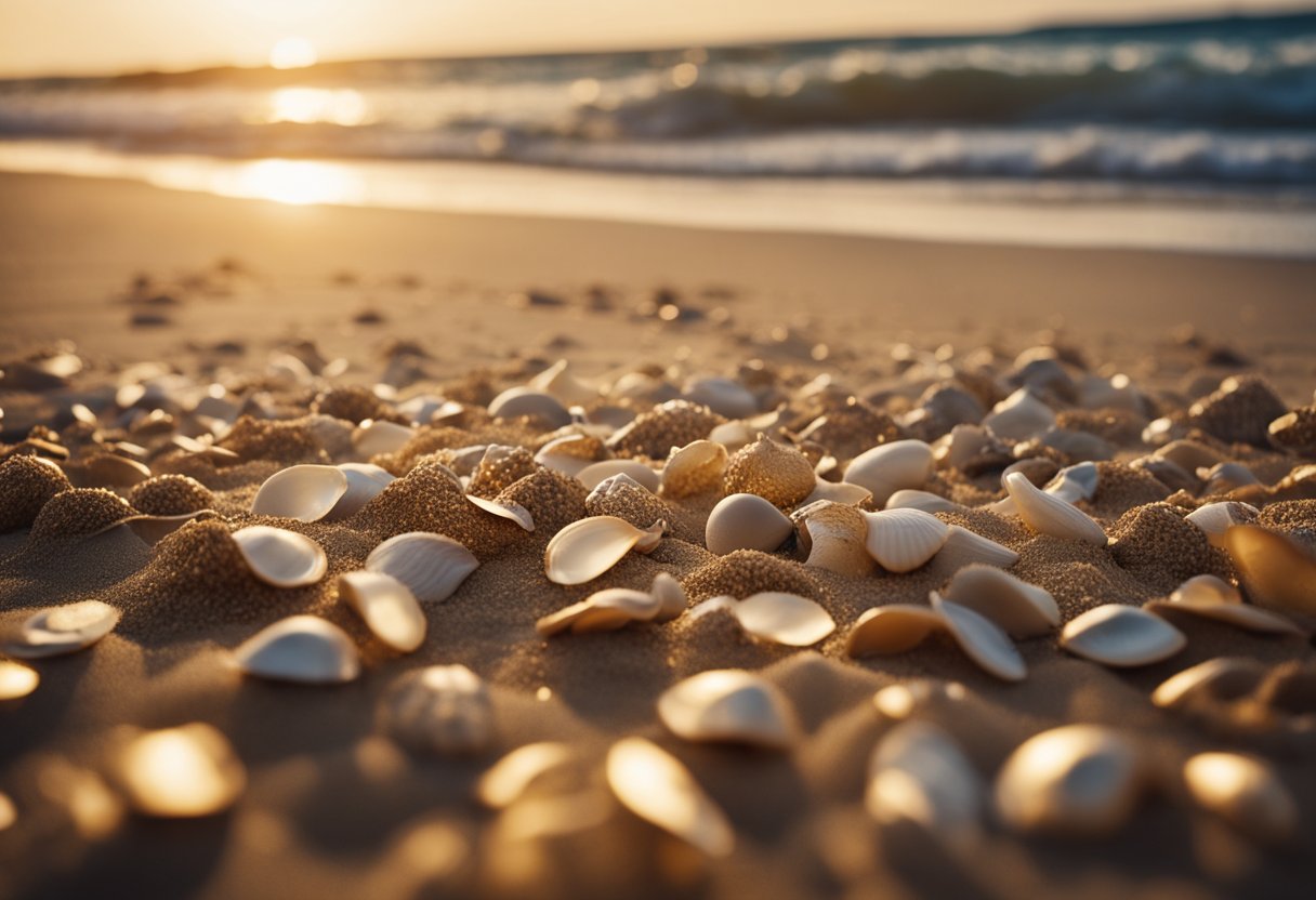 Golden sand stretches along the shore, scattered with shells of various shapes and sizes. The waves gently kiss the beach, creating a serene atmosphere for shelling