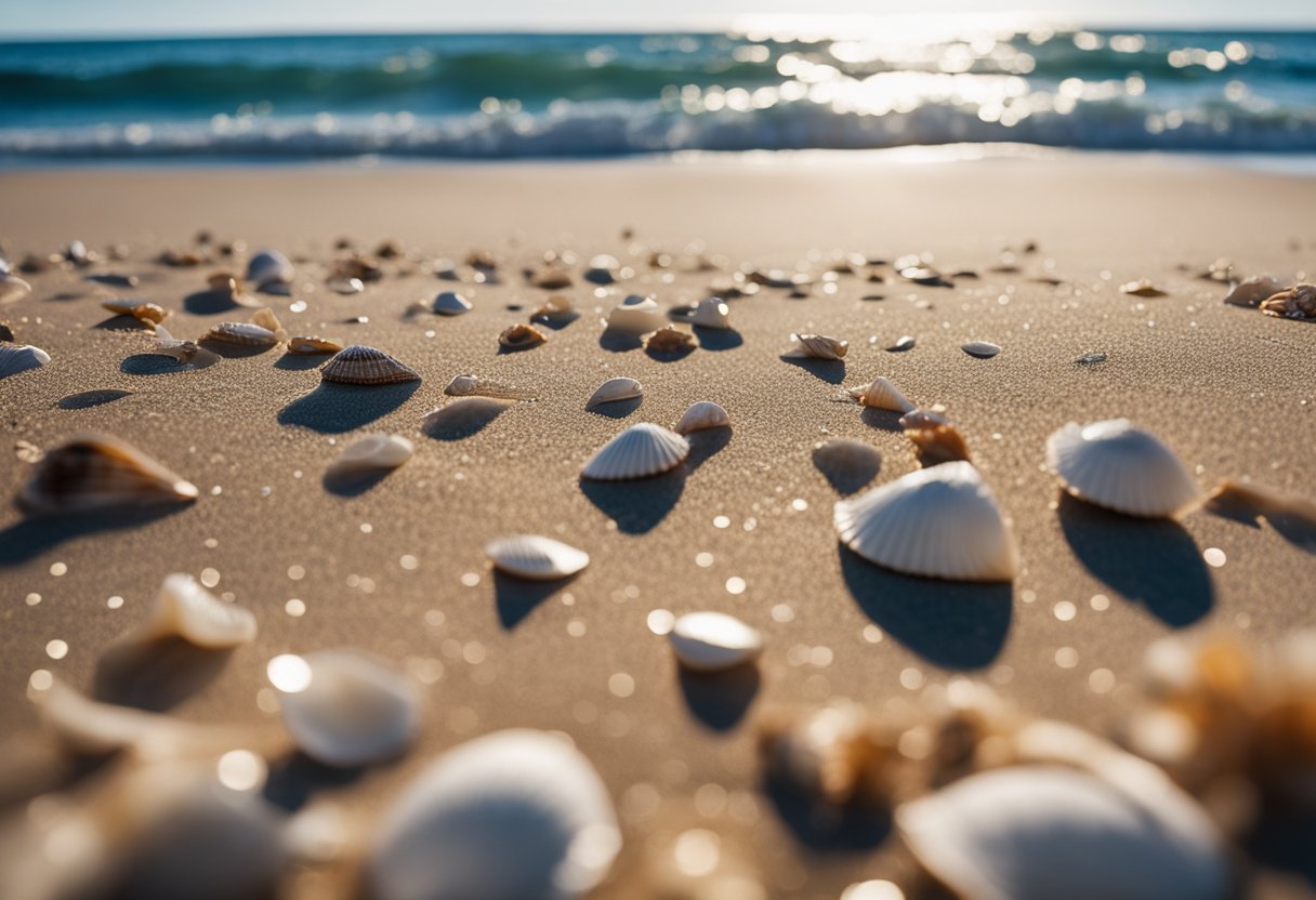 A sandy shore with scattered seashells, waves crashing on the beach, and a clear blue sky above