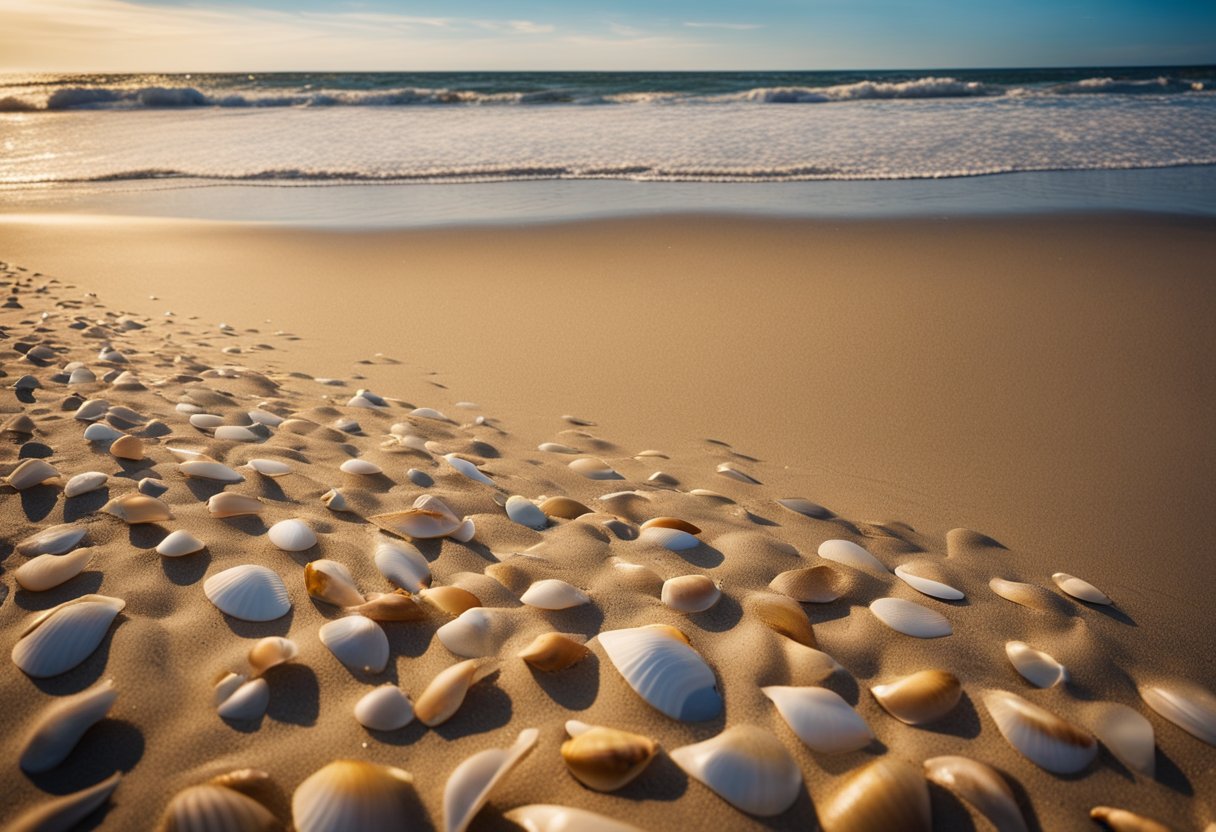 Golden sand stretches along the shore, dotted with colorful shells. Waves crash gently, and seagulls soar overhead. A picturesque scene of Sea Isle City Beach, New Jersey