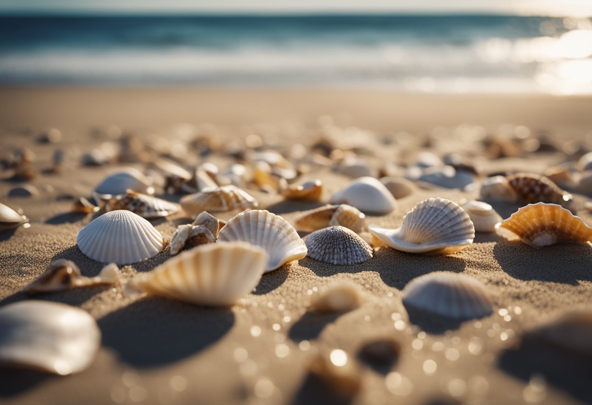 A collection of various shells scattered across a sandy beach, with waves gently washing up to the shore in the background