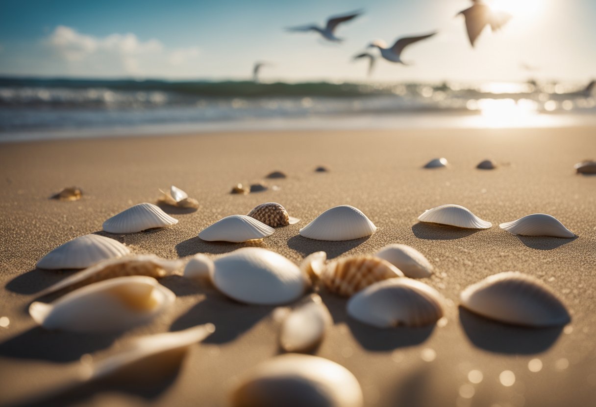 Sandy beach with scattered shells, gentle waves, and seagulls. Sunlight glistens on the water, creating a peaceful and serene atmosphere