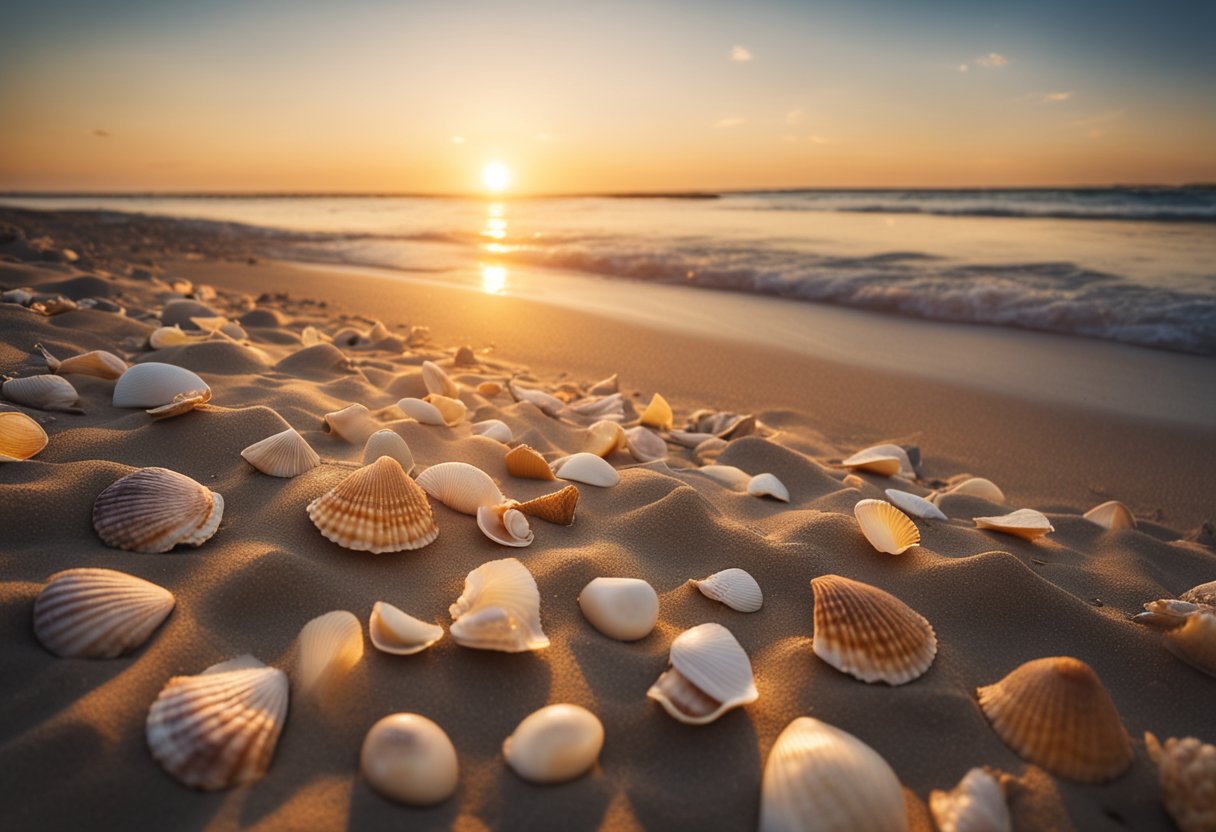 The sun sets over a serene New Jersey beach, with gentle waves lapping at the shore. Seashells of various shapes and sizes are scattered across the sand, waiting to be collected