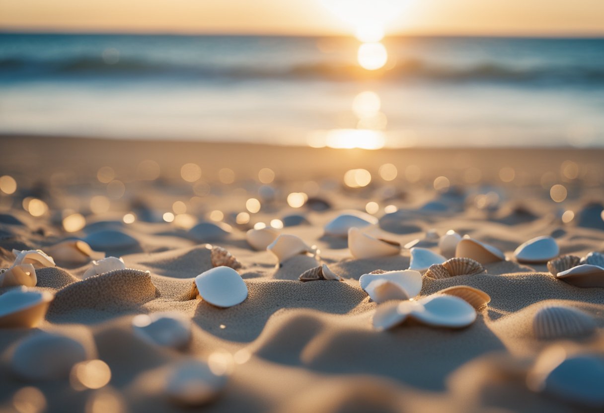 Sandy beach with scattered shells, gentle waves, and dunes in the background under a clear sky