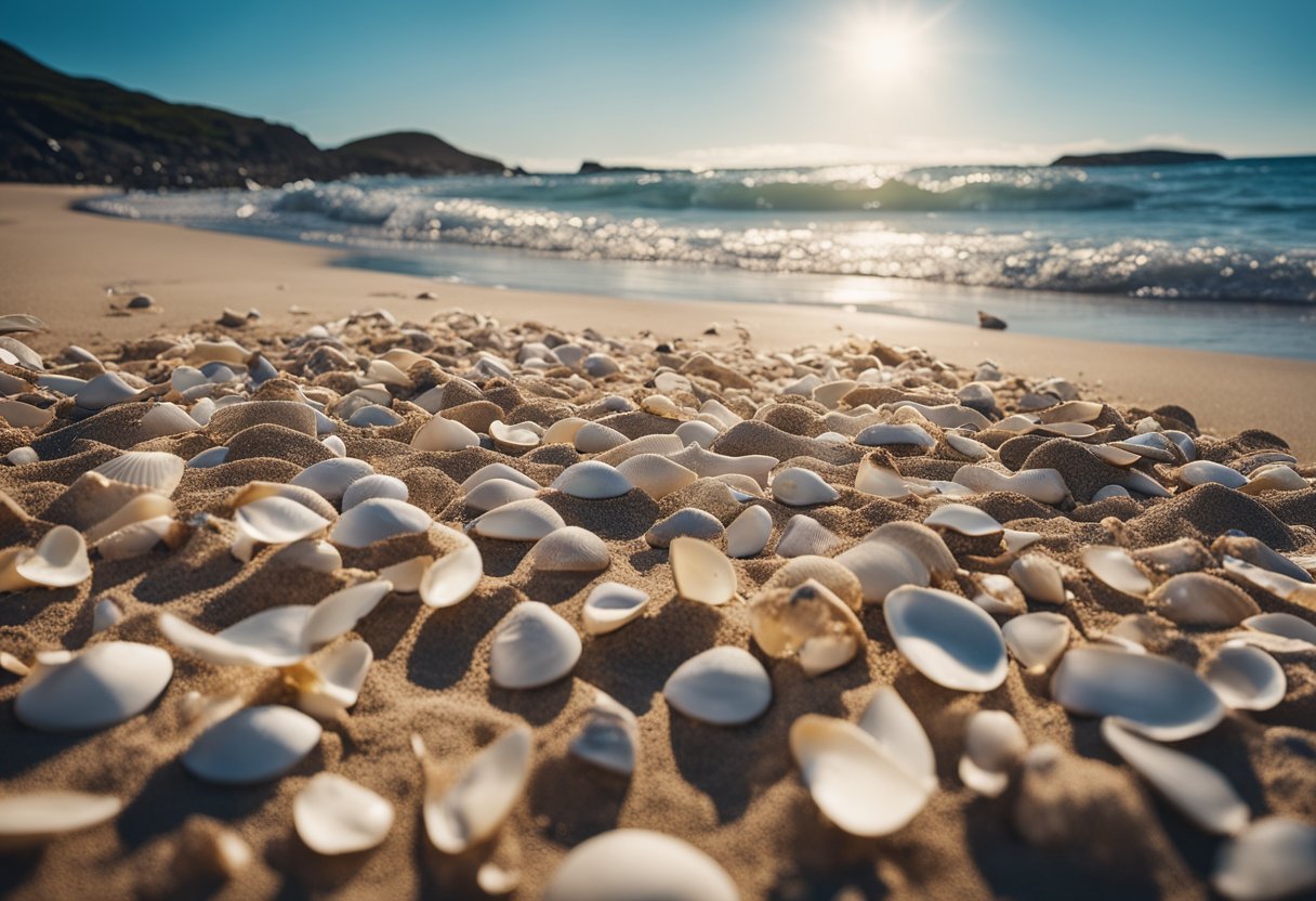 Sandy beach with scattered shells, gentle waves, and seagulls. Rocky outcrops in the distance. Blue sky and sunshine