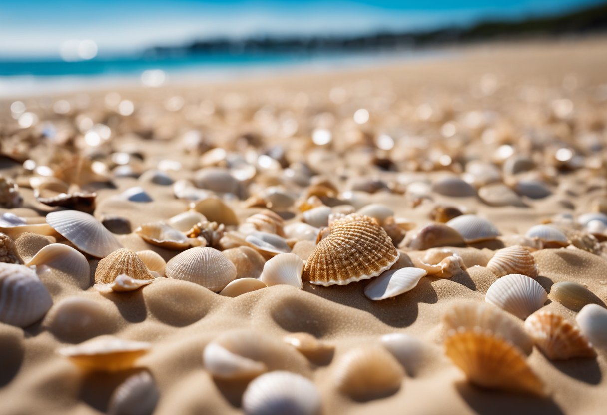 Golden sand stretches along the shore, scattered with colorful seashells. Waves gently lap at the beach, with a clear blue sky overhead