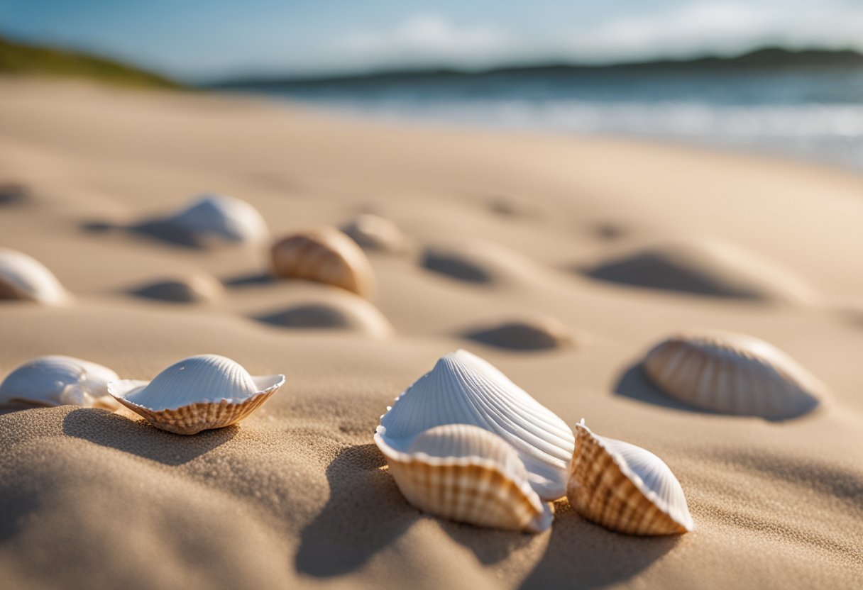 Sandy Neck Beach: Seashells scattered on sandy shore, gentle waves lapping, dunes in background