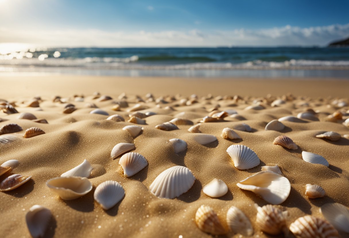 Golden sand stretches along the shore, scattered with colorful seashells. Waves gently roll in, creating a soothing soundtrack. Seagulls soar overhead, adding to the tranquil atmosphere