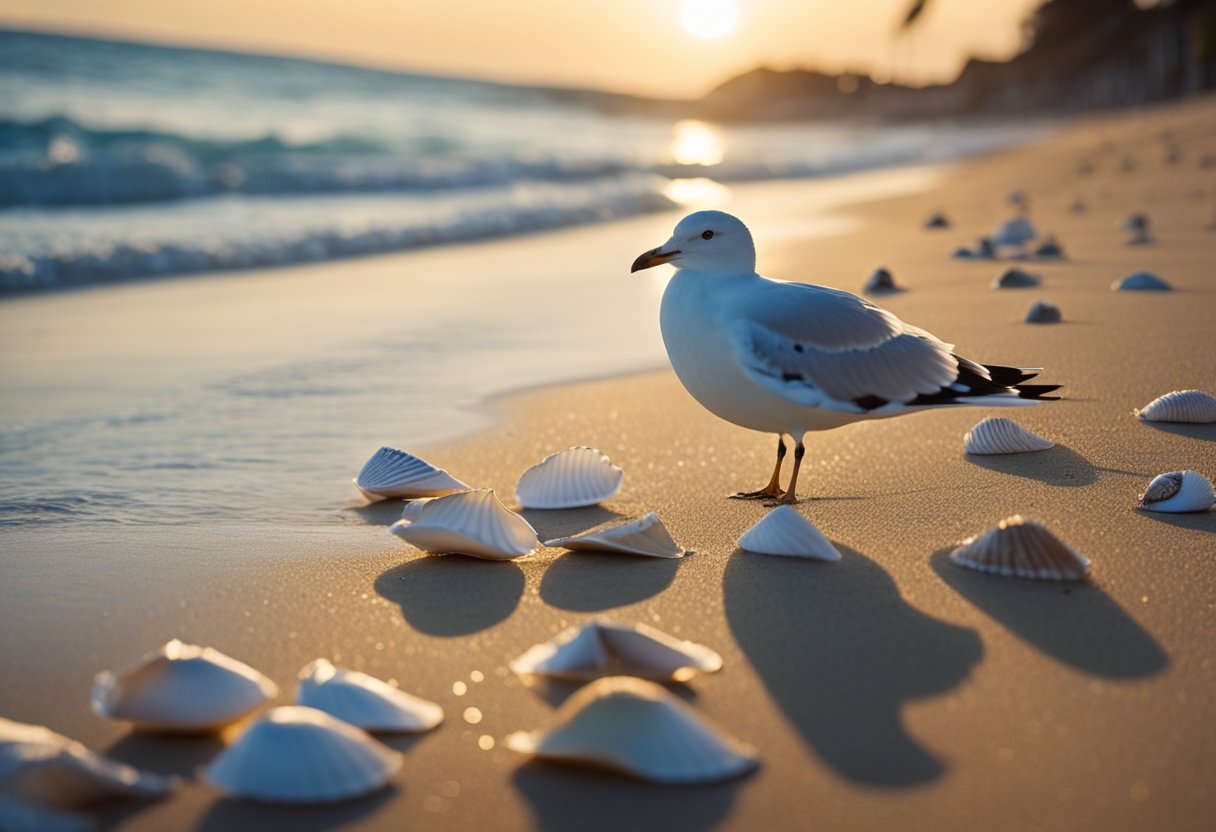 Sandy beach with seashells scattered along the shoreline, waves gently breaking, and seagulls flying overhead