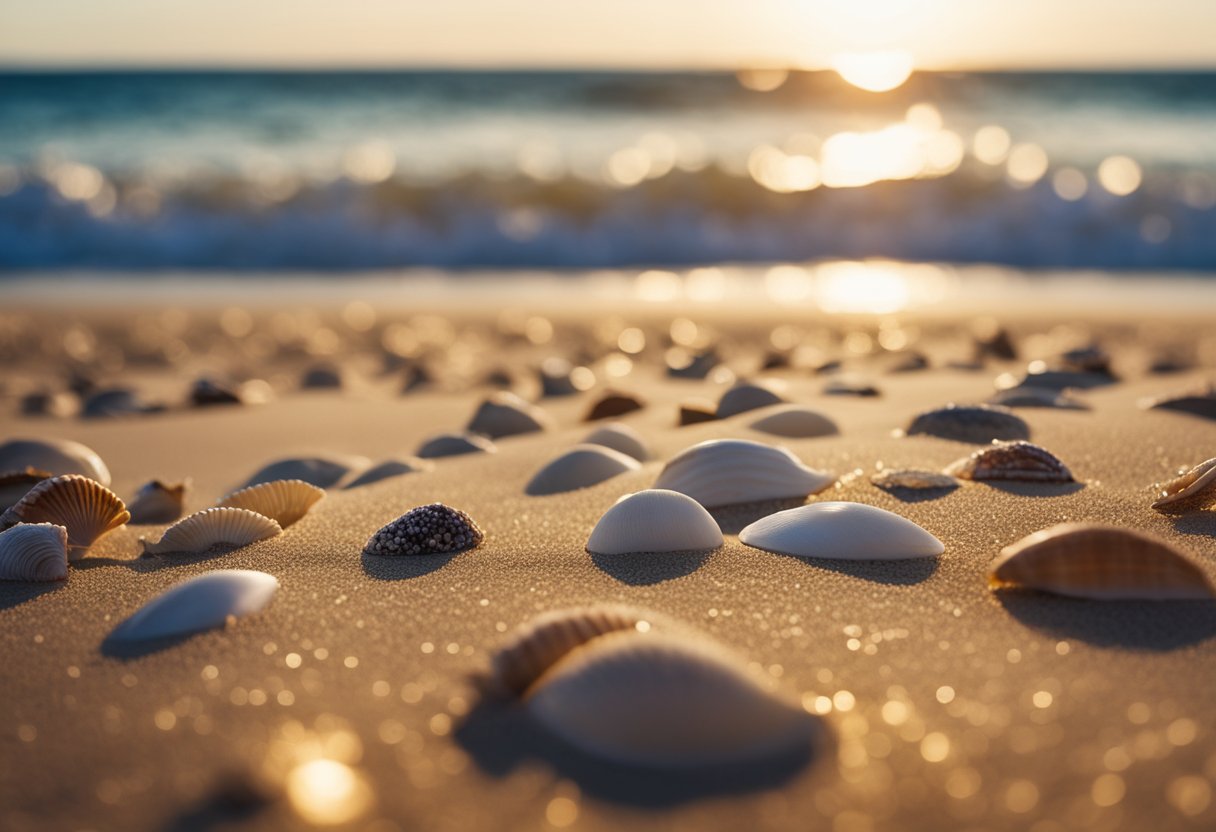 Golden sand stretches along the shore, scattered with colorful seashells and gentle waves breaking in the distance