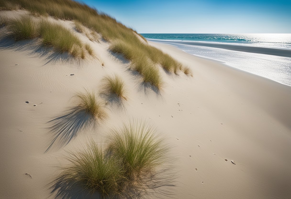 A wide expanse of sandy shoreline with scattered seashells and gentle waves lapping at the edge. Dunes and grasses line the beach, with a clear blue sky overhead