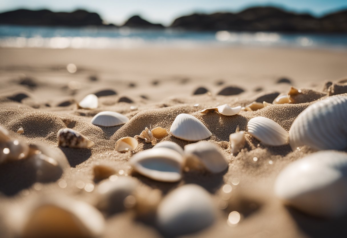 Sandy beach with scattered shells, gentle waves, and clear blue skies. Rocky cliffs in the background