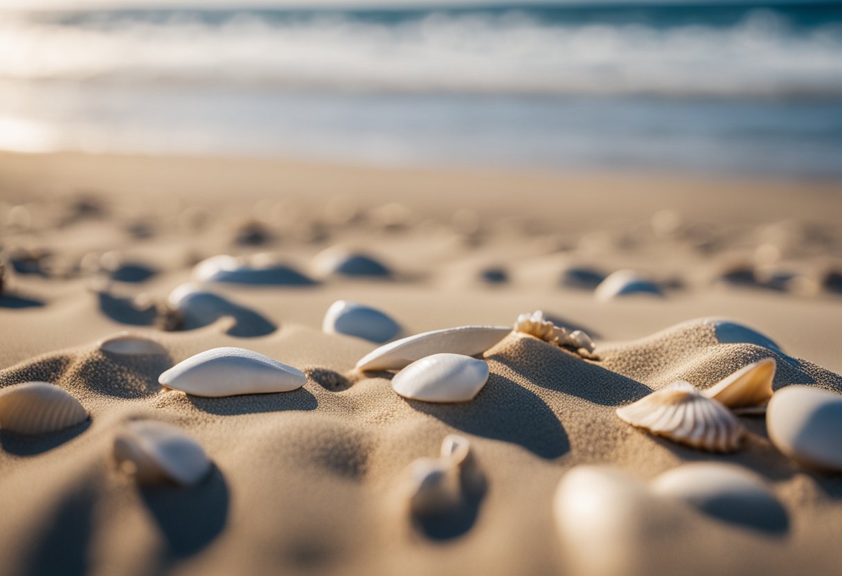 Crane Beach: sandy shore with scattered shells, gentle waves, and dunes in the distance