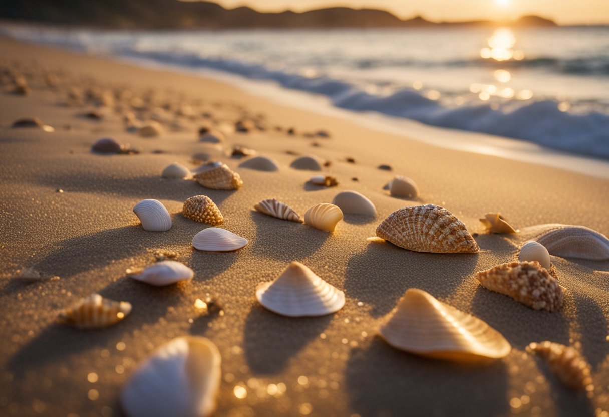 Golden sand stretches along the shore, scattered with colorful seashells and gentle waves lapping at the edge