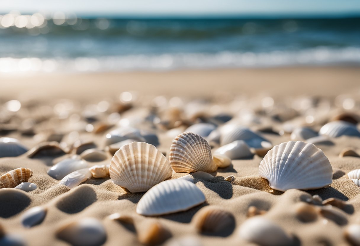 Sandy beach with scattered seashells, gentle waves, and clear blue sky at West Dennis Beach, Massachusetts