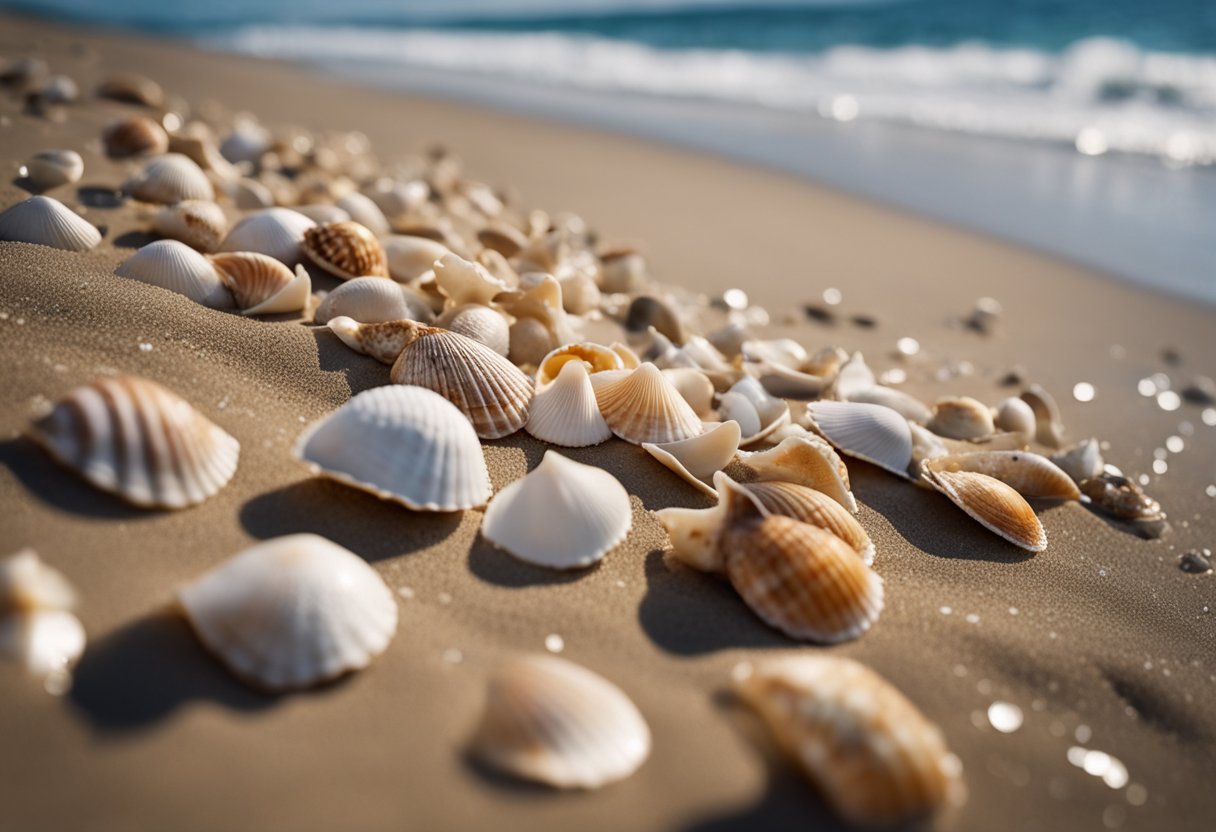 A collection of various shells scattered across a sandy beach, with the ocean waves gently washing up to the shore in the background