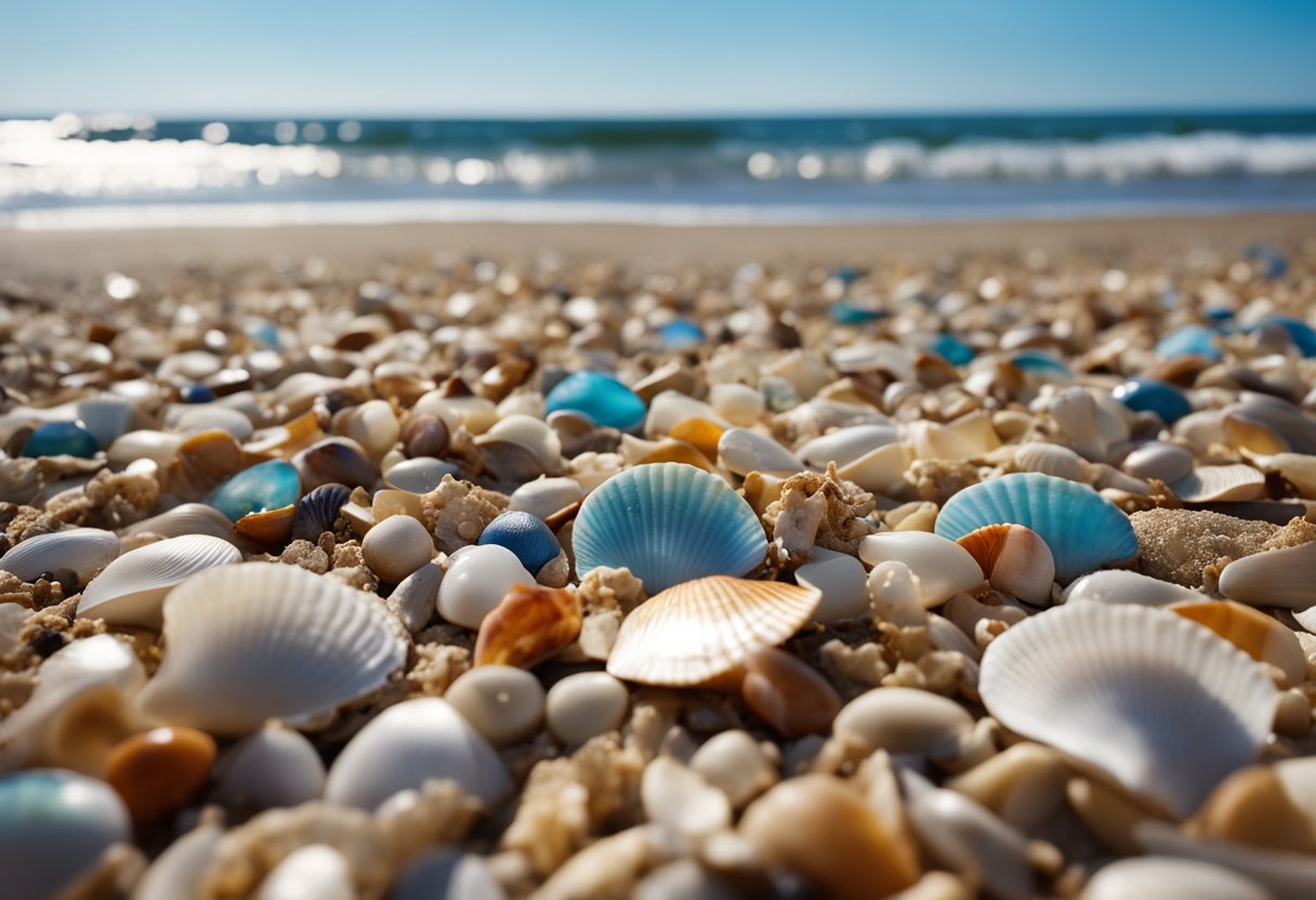 Sandy shores of Massachusetts beaches littered with colorful shells, waves gently washing ashore under a clear blue sky