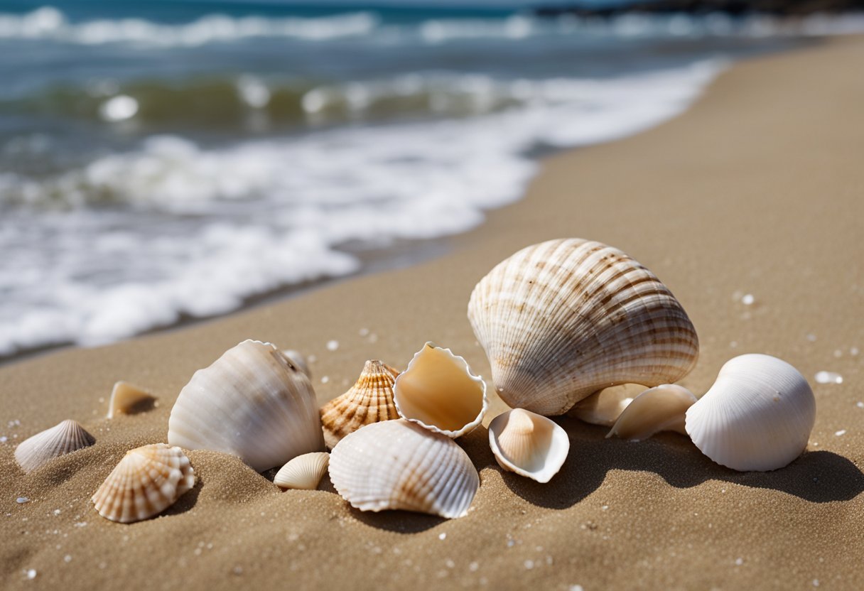 Various shells scattered on sandy Massachusetts beach, including conch, scallop, and clam shells. Waves gently wash ashore in the background