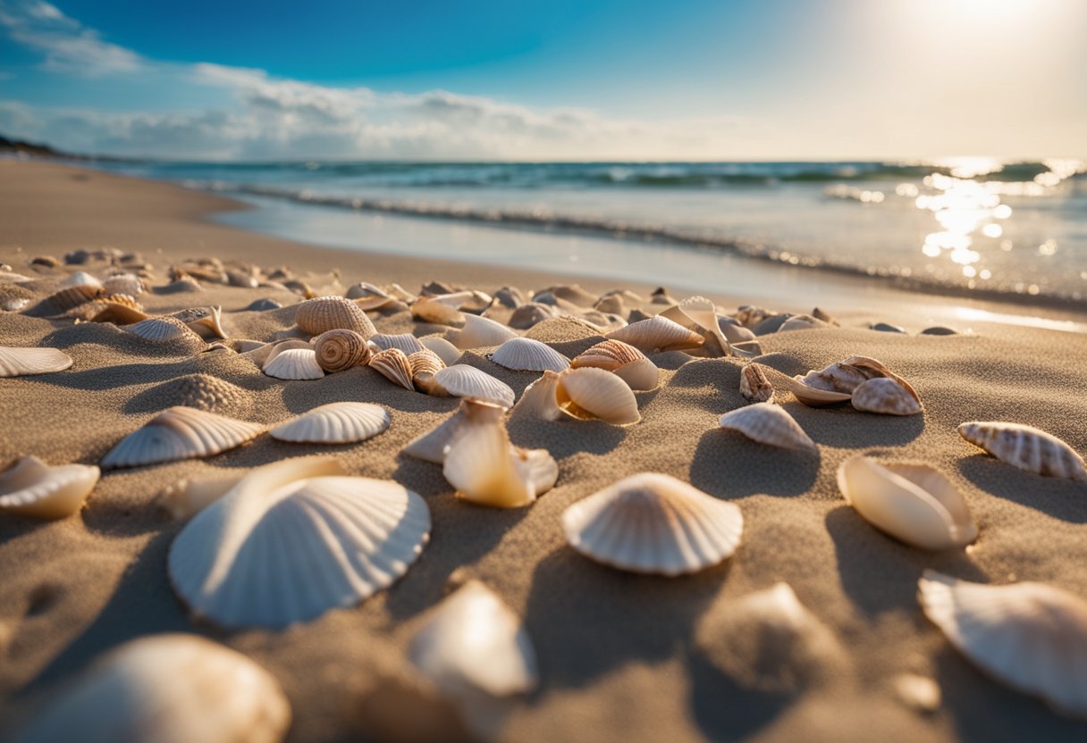 A sandy beach with seashells scattered along the shore, waves gently lapping at the coastline. A clear blue sky with a few fluffy clouds overhead