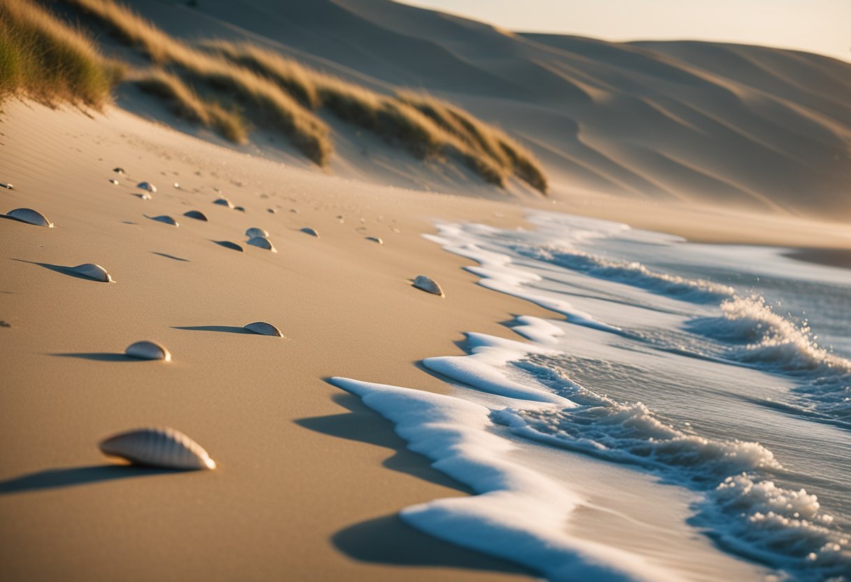 Sandy shorelines dotted with seashells, waves gently lapping the coast, seagulls soaring overhead, and a backdrop of dunes and clear blue skies