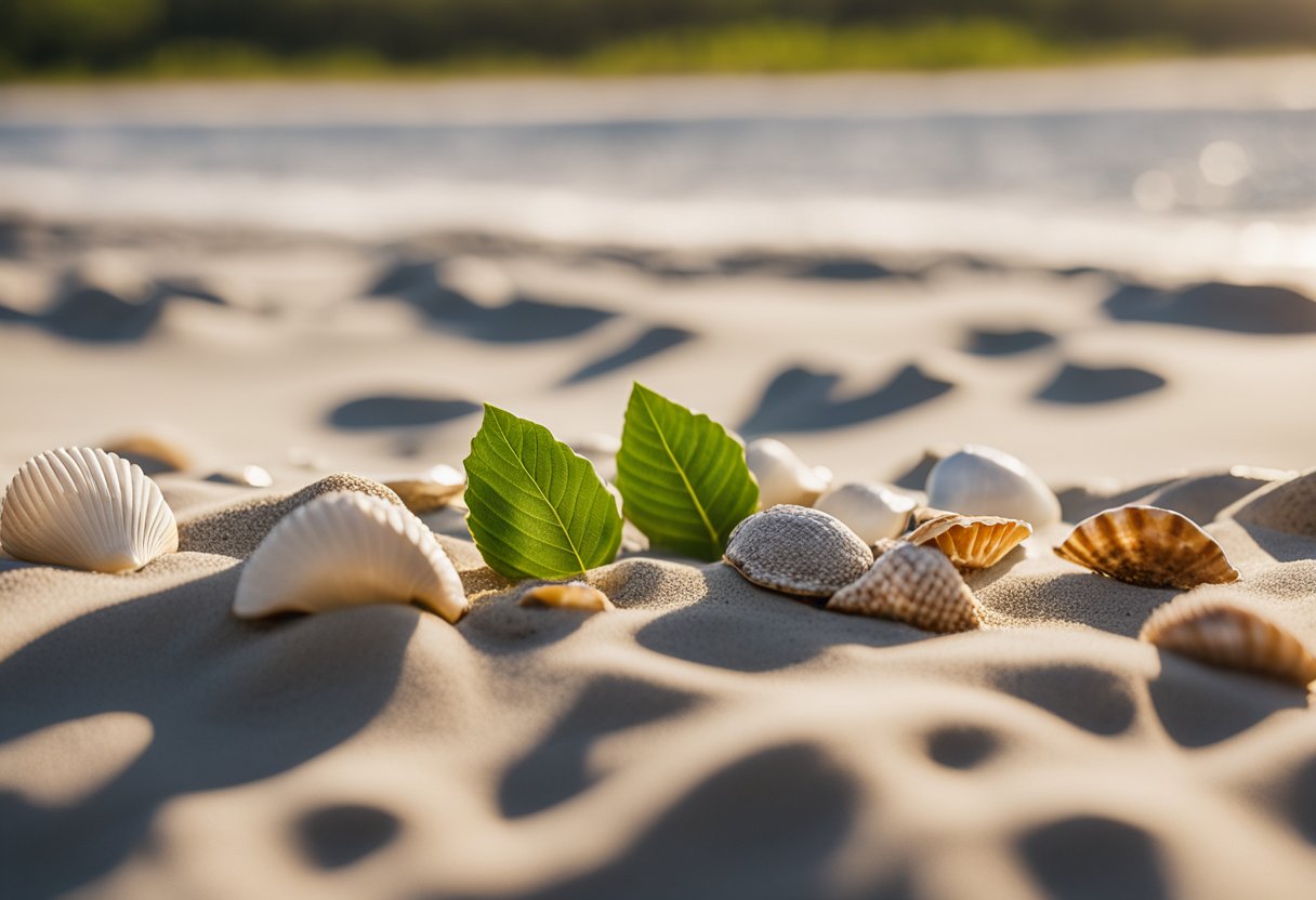 Sandy shore with scattered shells, gentle waves, and lush greenery at Hammocks Beach State Park, North Carolina