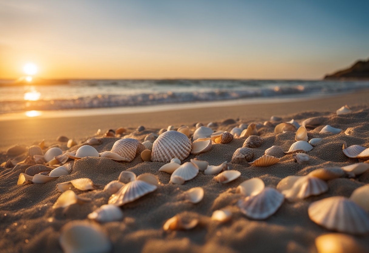 The sun sets over a serene beach with seashells scattered along the shore, creating a picturesque scene for shelling enthusiasts in North Carolina