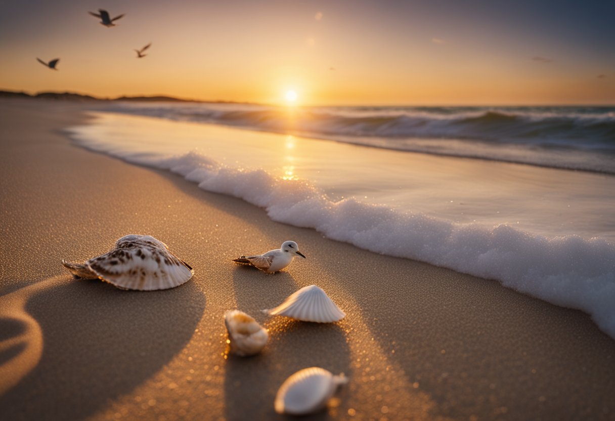 The sun sets over a stretch of sandy beach, with scattered seashells and gentle waves lapping at the shore. Seagulls soar overhead, and a few small crabs scuttle across the sand