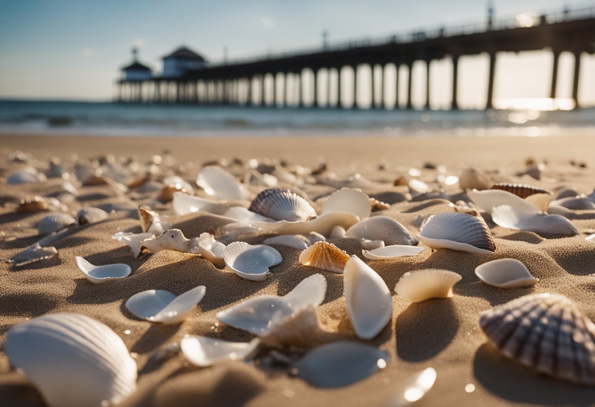 Sandy shore with seashells scattered, waves gently lapping, seagulls flying overhead, and a distant pier