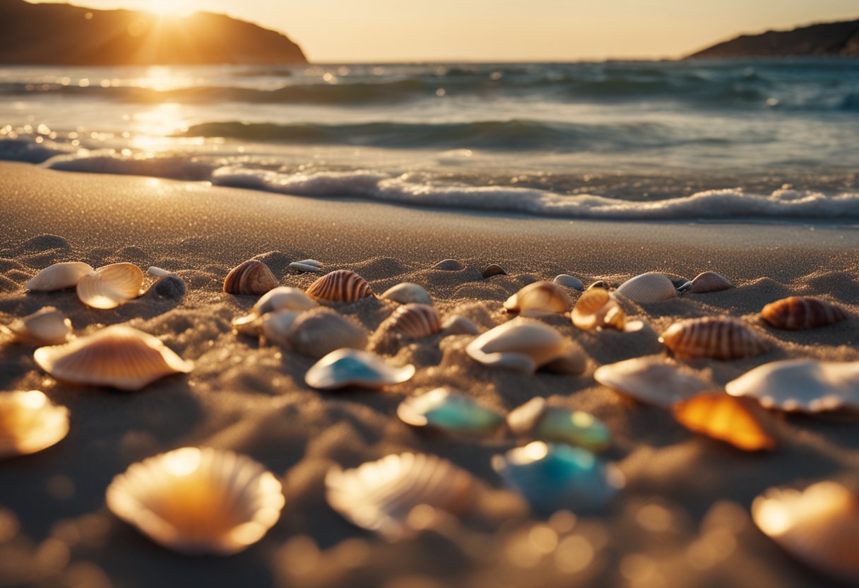 The sun sets over the sandy shore, revealing a treasure trove of colorful seashells scattered along the beach, with gentle waves lapping at the coastline