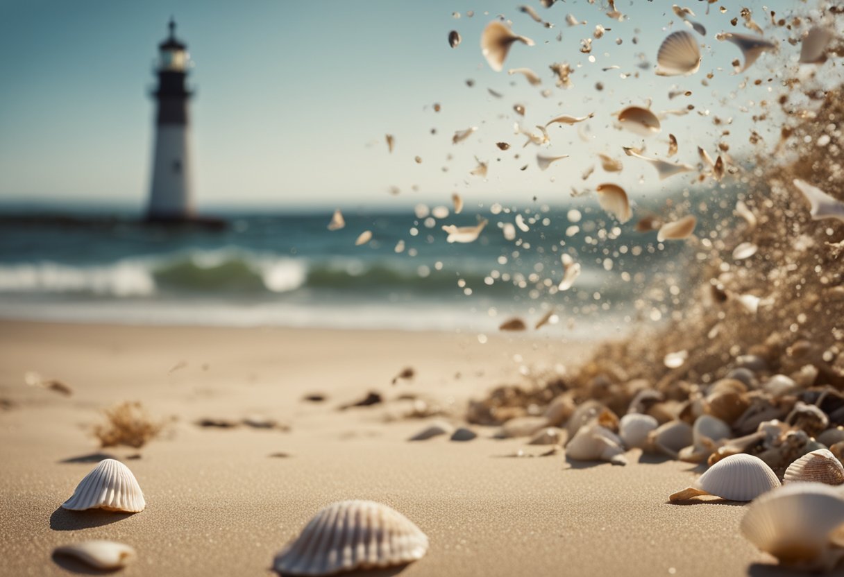 Sandy beach with scattered seashells, waves gently lapping the shore, seagulls soaring overhead, and a distant lighthouse