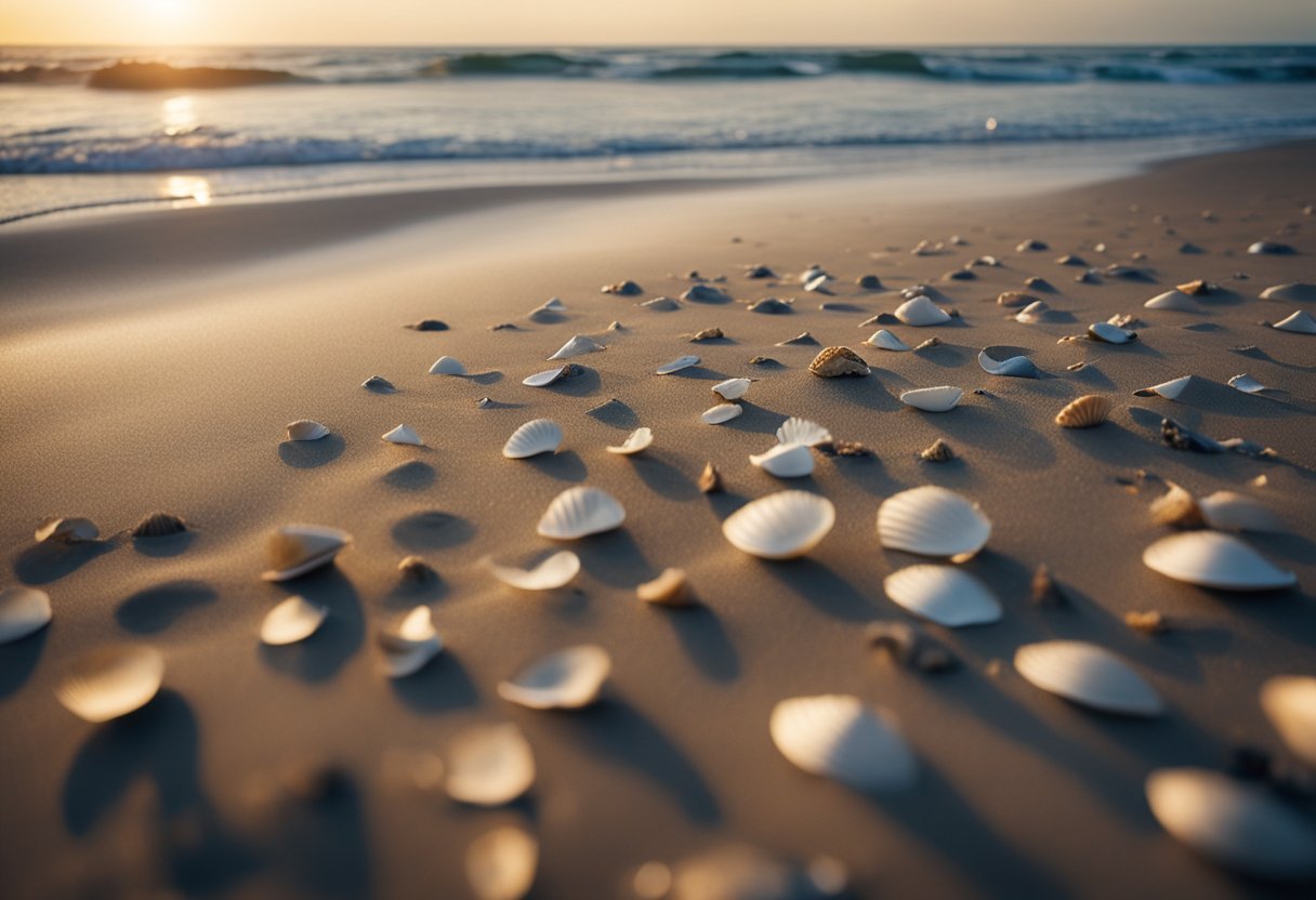 Sandy shore with scattered shells, dunes in the background, ocean waves gently lapping the beach