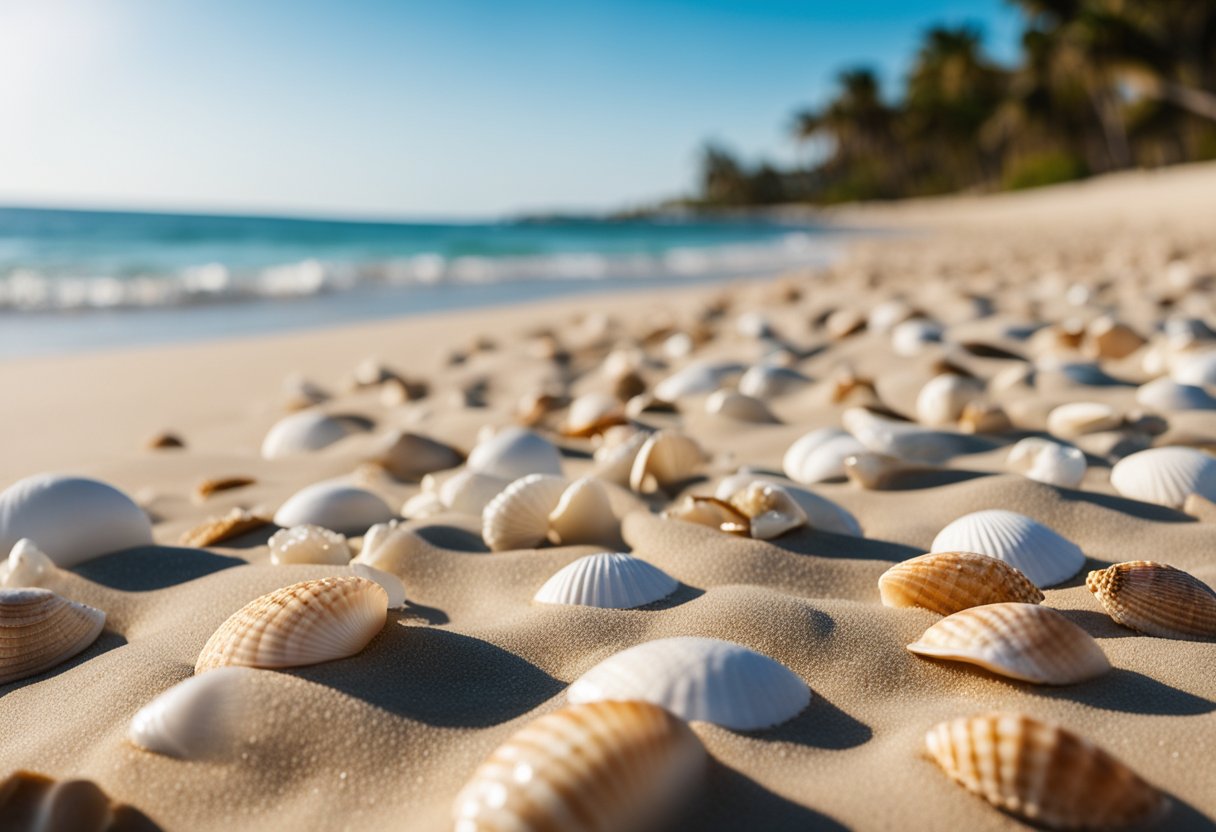 A sandy shore with scattered seashells, waves gently lapping, and a clear blue sky above