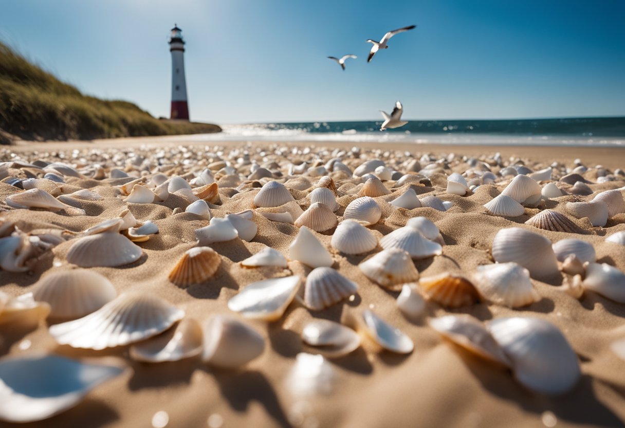 Glistening seashells cover the sandy shore, framed by gentle waves and a clear blue sky. Seagulls soar overhead, while the iconic lighthouse stands tall in the distance