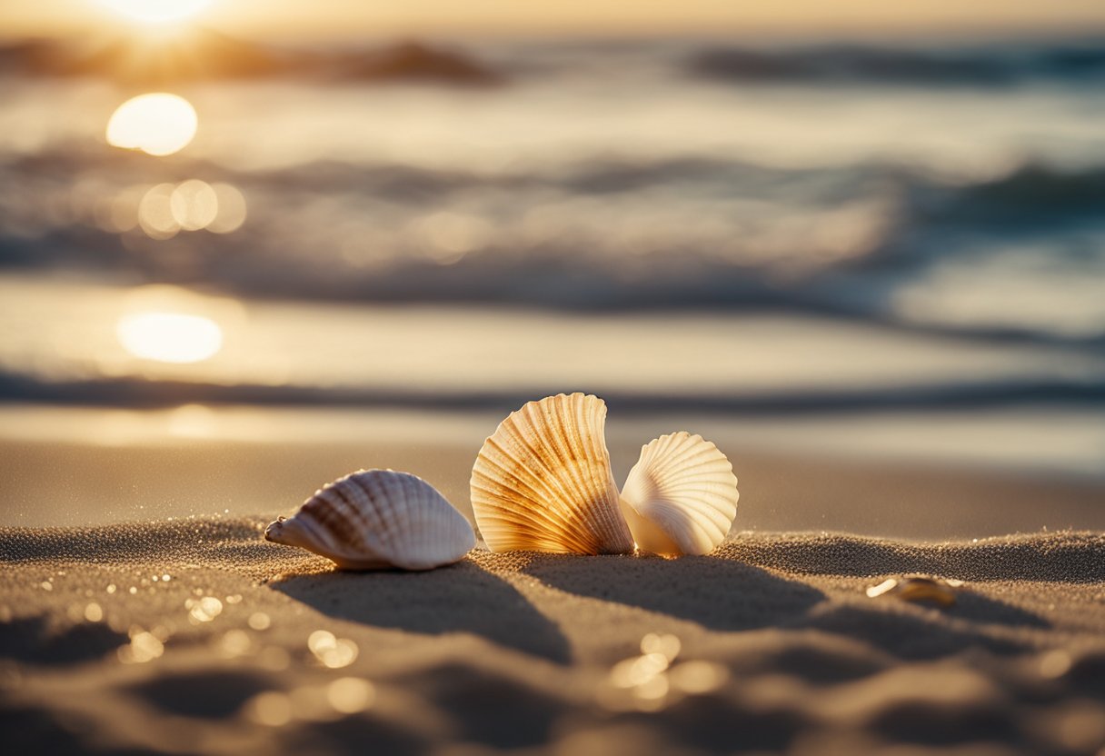 Gentle waves wash up on the sandy shore, revealing a variety of colorful seashells scattered along the beach. Seagulls soar overhead, adding to the tranquil coastal scene