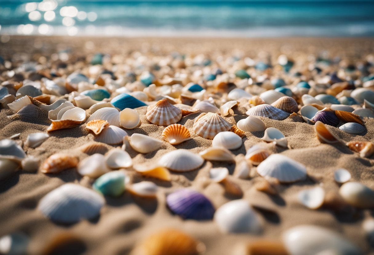 A collection of colorful shells scattered across the sandy beach, with waves gently lapping at the shore under a clear blue sky