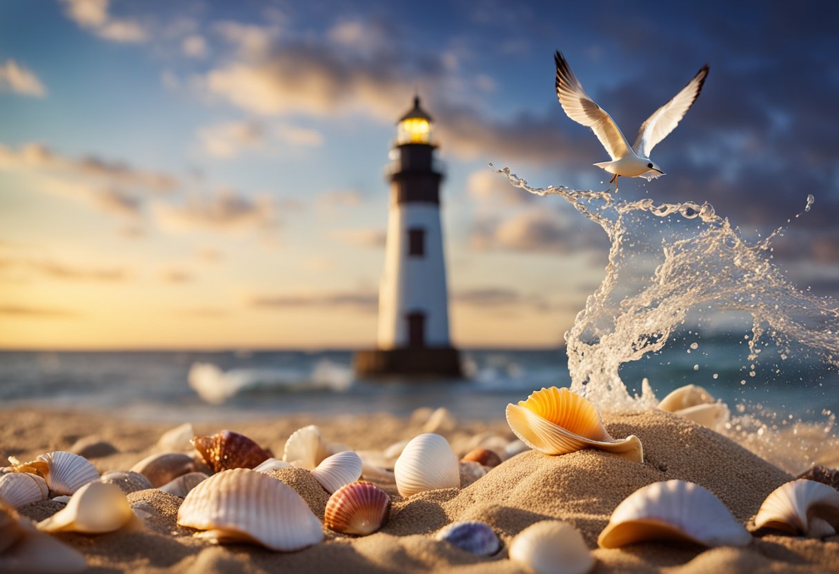 Gentle waves wash up colorful shells on a sandy beach at sunset, with seagulls flying overhead and a lighthouse in the distance