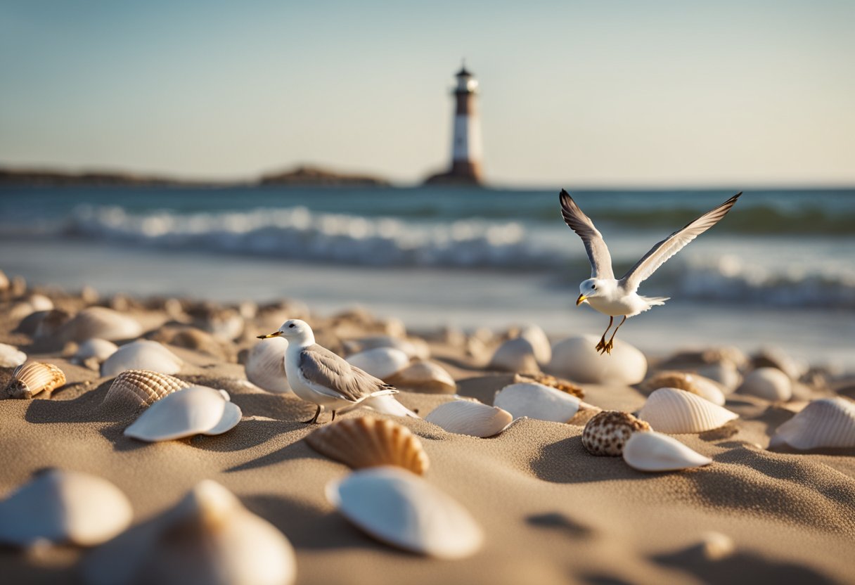 Sandy beach with scattered seashells, gentle waves, and a clear blue sky. Seagulls flying overhead and a distant lighthouse on the horizon