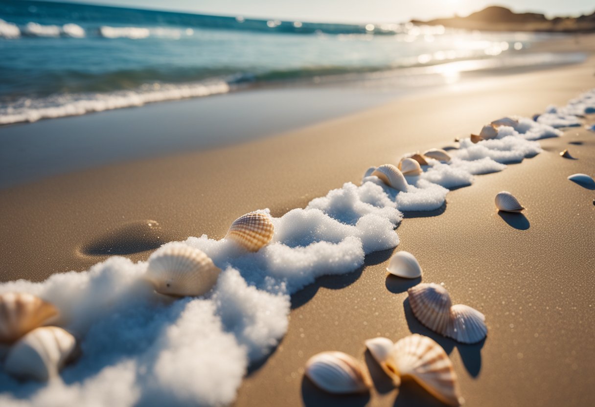 A sandy beach with seashells scattered across the shore, waves gently rolling in the background, and a clear blue sky overhead