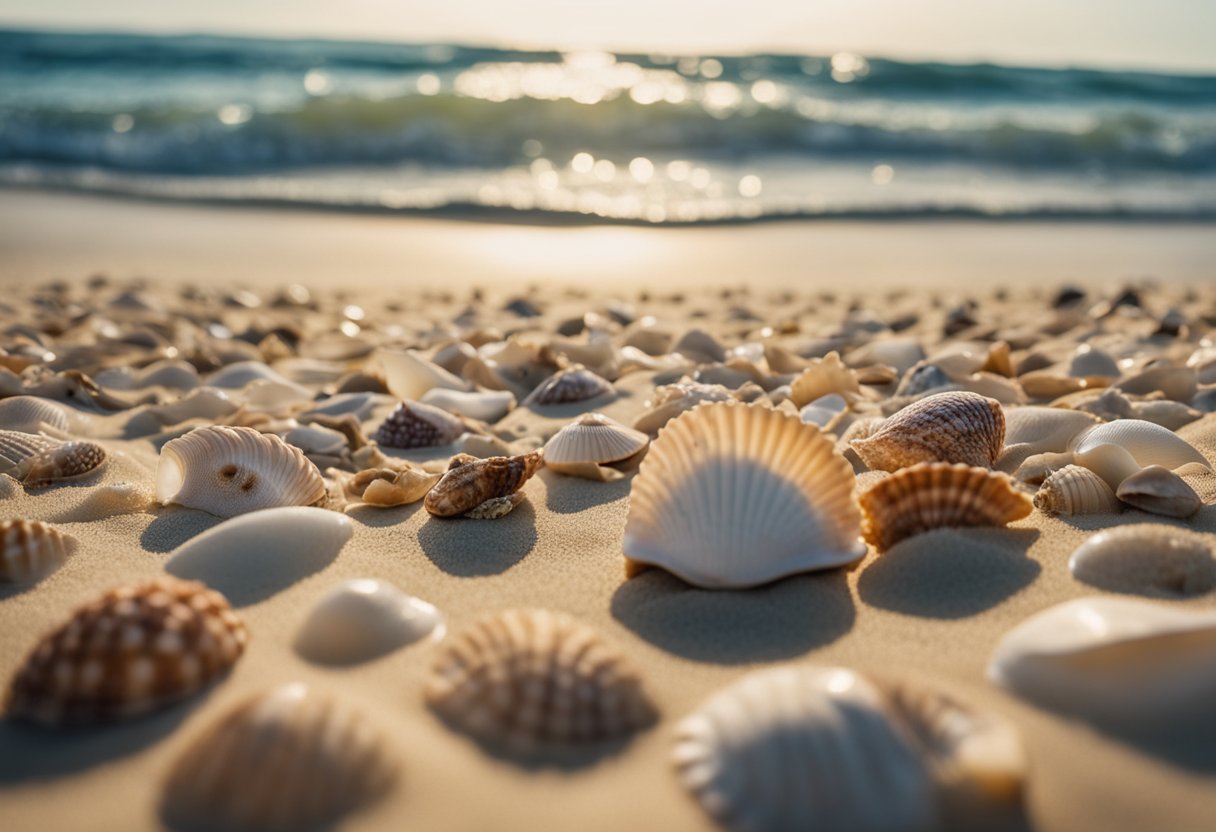 Sandy shorelines scattered with various seashells, including colorful conch and scallop shells, with gentle waves lapping the coastline