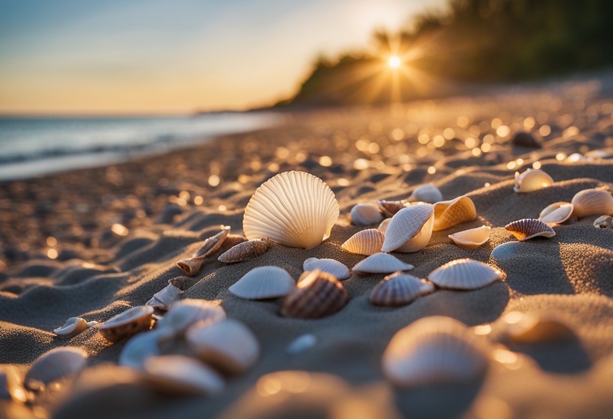 The sun sets over the sandy shores of Presque Isle State Park, with seashells scattered along the beach, waves gently lapping at the shore