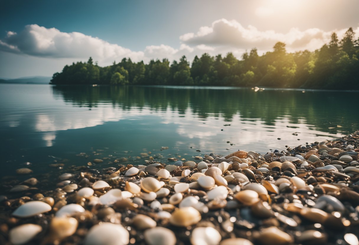 A serene lake shore with scattered shells, gentle waves, and a backdrop of lush greenery