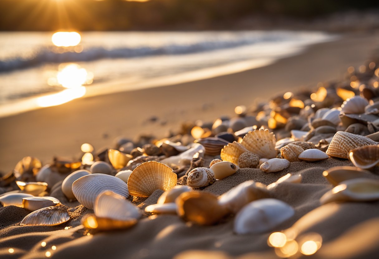 The sun sets over Codorus State Park, casting a golden glow on the sandy beach. Shells of various shapes and sizes dot the shoreline, waiting to be collected by beachcombers