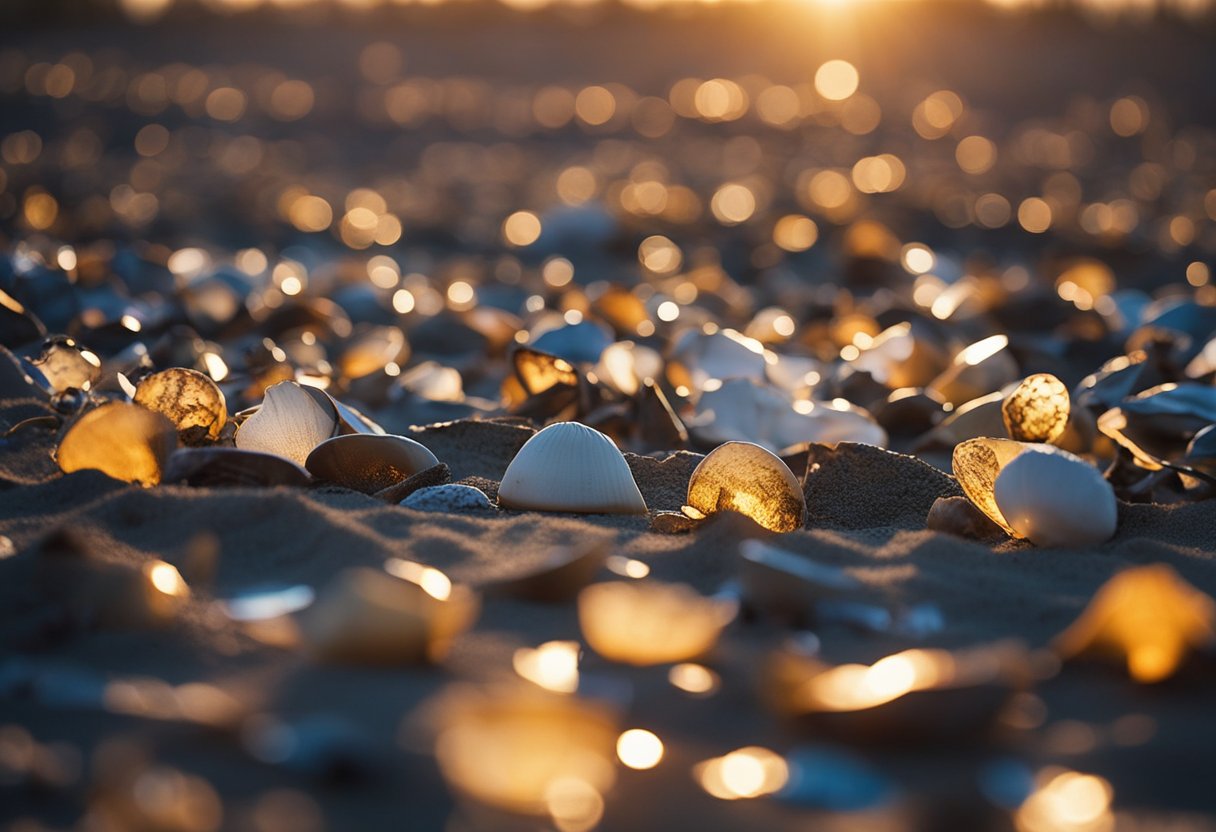 The sun sets over Pymatuning State Park, casting a warm glow on the sandy shores. Shells of various shapes and sizes litter the beach, waiting to be collected by beachcombers