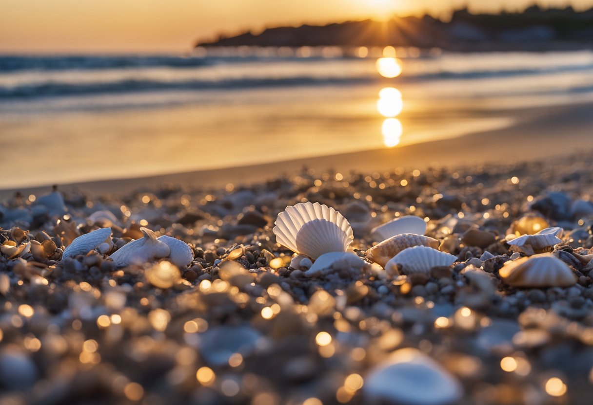 The sun sets over the tranquil shoreline at Bald Eagle State Park, with seashells scattered along the sandy beaches. Waves gently lap against the shore, creating a serene and picturesque scene for shelling